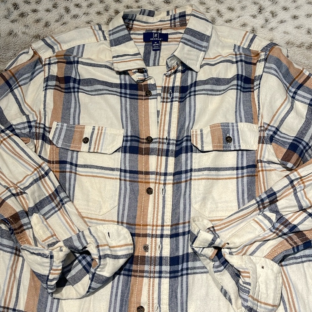 Men’s M 38-40 [g] George White, blue and tan striped button down flannel